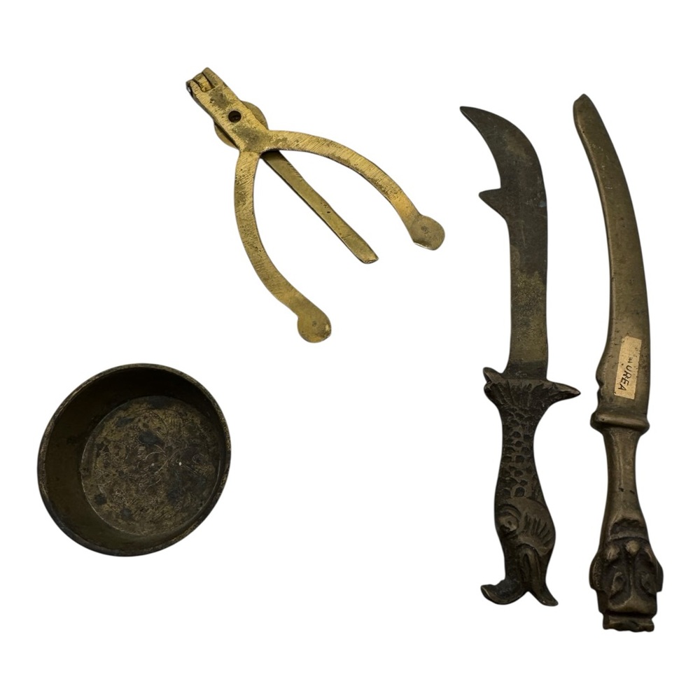 Vintage Brass Tools & Knives Lot‎ – Ornate Handles, Bowl & Pliers – Marked India